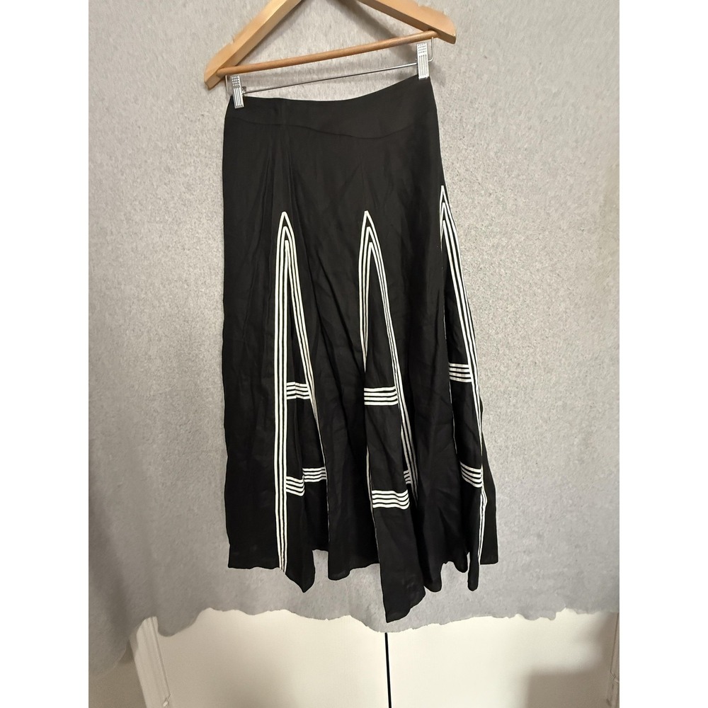 Carlisle‎ Skirt Womens 2 Black Linen A-Line Long Striped Panel Lined Zip Boho
